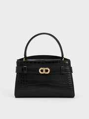 Charles & Ke*th - Aubrielle Croc-Effect Belted Top Handle Bag - Black